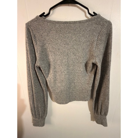 Hollister Women's Grey Ribbed Wrap V Neck Long Sleeve Crop Sweater Size M - Picture 3 of 5